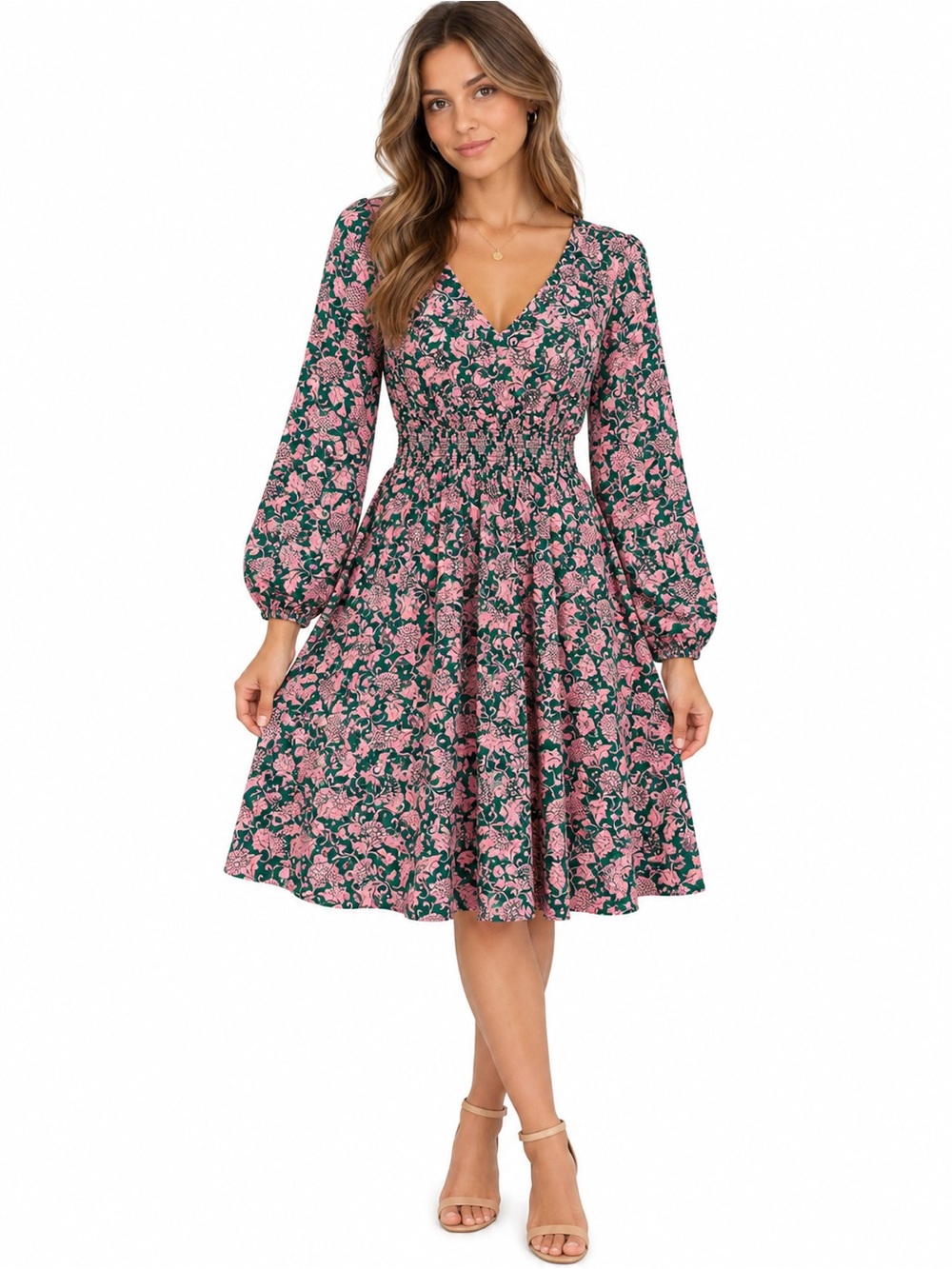 Boden Pink Floral V-Neck Smocked Midi Dress on Green